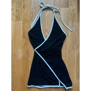 Nia Black Halter Wrap Mini Dress with White Piping Size Medium thumbnail 4