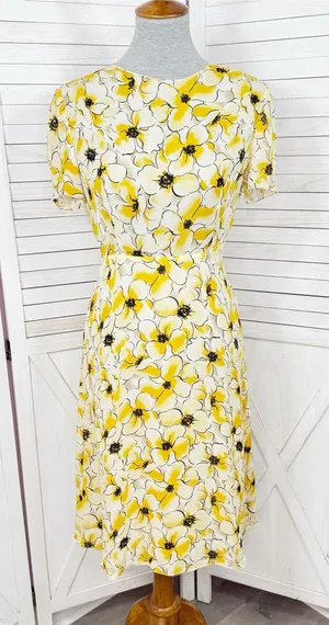 Hugo Buscati Floral Silk‎ Dress Yellow Size 6 Fit Flare Retro Twee Summer thumbnail 1