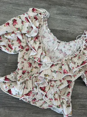 Free People favorite girl ruffle front smocked floral crop top cream medium thumbnail 1