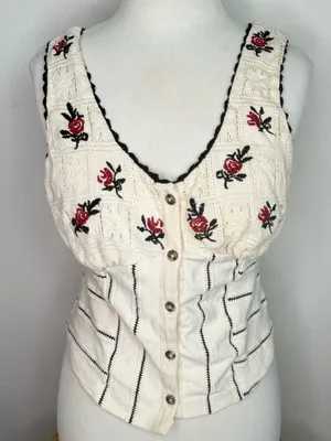 Free People Corset Top Tank Rose Bud Knit Floral Embroidery Crochet Accents Boho thumbnail 1