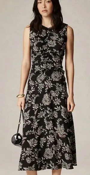 J.Crew Veranda Dress Size 12 Black Floral Midi Sleeveless Ruched Waist Boho thumbnail 1