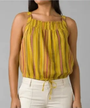 NWT prAna Smocked Sleeveless Tie Little Palm Stripe Cami Crop Top Medium Yellow thumbnail 1