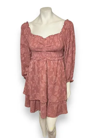 Pink Lily | Textured Floral Long Sleeve Cinched Bust Smocked Mini Tiered Dress L thumbnail 13