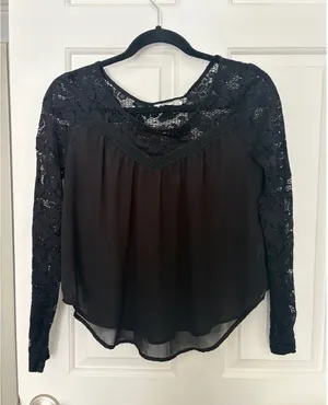 Lush Black Lace Yoke Long Sleeve Blouse thumbnail 1