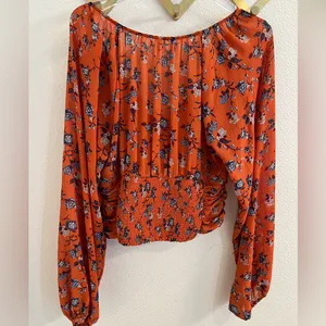 Free People Final Rose Blouse Rust Orange Floral Ruched Sweetheart Top Large thumbnail 13