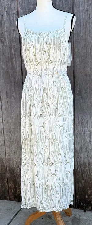 S Deer Shabby Chic Spaghetti Strap Cream & Green Print Elegant Maxi Dress Size L thumbnail 1