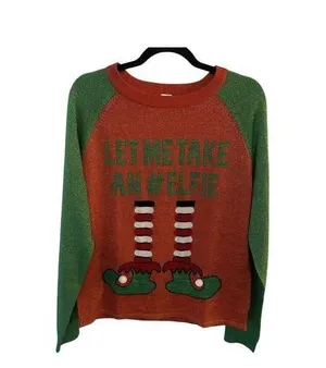HOLIDAY UGLY Christmas SWEATER Let Me Take An #Elfie Women’s Size Large Shimmer thumbnail 1