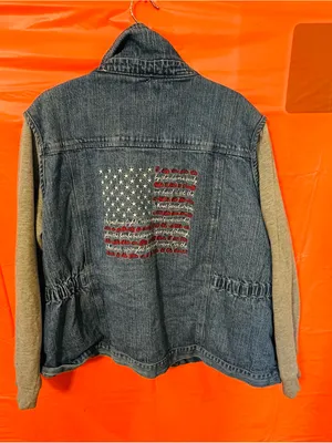 Denim Jacket with Grey Knit Sleeves and Flag Patch Blue Size XXL thumbnail 6