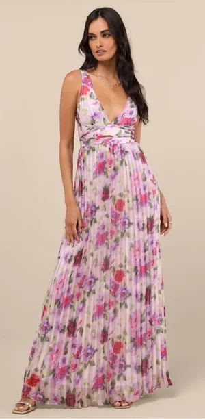LULU’S Morgana Pink Multi Floral Satin Pleated Maxi Dress thumbnail 1