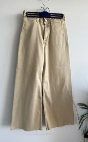 Maeve High Rise Wide Leg Khaki Tan Pants Raw Hem‎ Stretch Cotton Tencel 26 thumbnail 1
