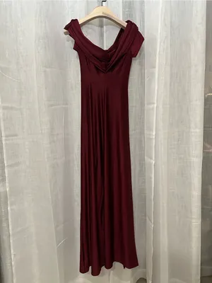 Off Shoulder Satin Maxi Dress Burgundy Pleated Ruched Front Slit Gown S thumbnail 8