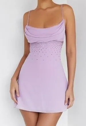 Mistress Rocks Mini Dress Size Medium Lilac Cowl Neck Rhinestone Party Sexy‎ NWT thumbnail 1