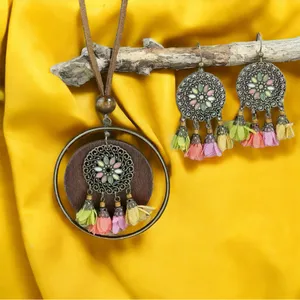 Boho Zinc Alloy Wood Retro Flower Design Tribal‎ Necklace & Earrings Set thumbnail 11