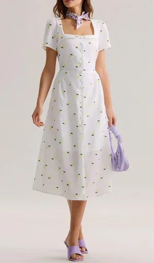 Rihoas White Lemon Fruit Square Neck Midi Dress thumbnail 2