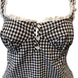 Intimately Free People Cassie Gingham Ruffle Bodysuit L Black White Milkmaid thumbnail 7