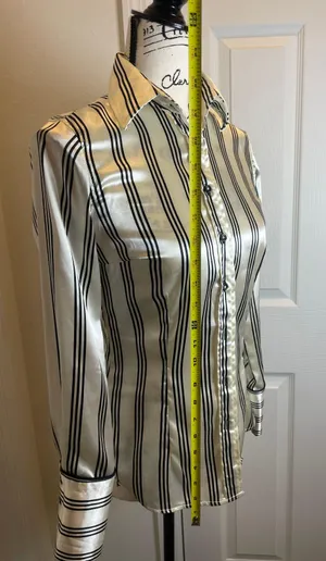 ZARA Satin Office Blouse STRECH Size Small Cream Black Lines Preppy Chic thumbnail 9