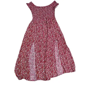 Cottagecore Boho Off Shoulder smocked Floral Maxi Dress Beach Slit Red white M/L thumbnail 6