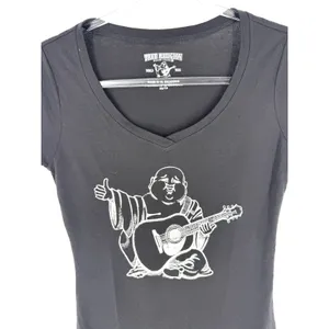 True Religion Womens Black Buddha Guitar‎ Graphic V-Neck T-Shirt XS World Tour thumbnail 2