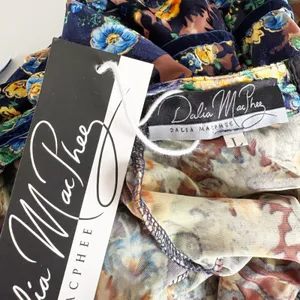 NWT Dalia MacPhee Womens Blue Floral Velvet‎ Boho Romantic Bell Sleeve Dress L thumbnail 4
