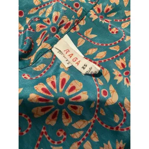 Rasa Anthropologie Blue Beige Floral Satin Flutter Sleeve Tie Waist Blouse XS thumbnail 6