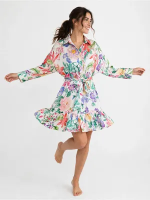 Zara S Floral Belted Shirt Dress Ruffle Hem Long Sleeve Cottagecore Boho Womens thumbnail 1