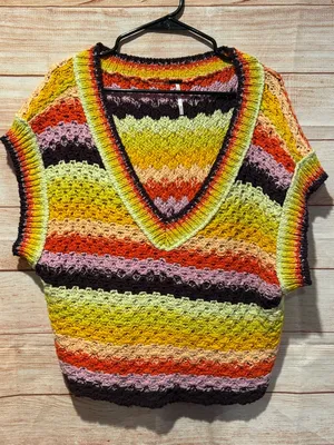 Free People Crochet V-Neck Short Sleeve Sweater Vest in Yellow Multi thumbnail 1