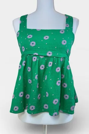 Entro Green Floral Babydoll Top with Bow Tie Spring Open Back Detail MEDIUM thumbnail 1