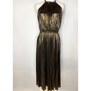 Lucy Paris Metallic Gold Pleated Halter Midi Dress DR3713-2 Small thumbnail 3