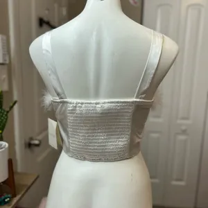 Meraki White Satin Feather Trim Crop Top Size S Bustier Corset Style Adjustable thumbnail 3
