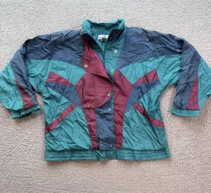 Vintage Early 90s Abstract Colorblock Windbreaker Jacket Teal Purple Boxy Large thumbnail 1