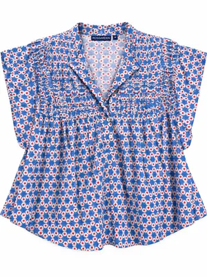 Ro's Garden Women's M Blue Red Floral Cotton Pintuck Puff Sleeve Blouse thumbnail 2