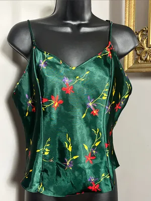 Frederick’s of Hollywood Medium Floral Satin Camisole Tank Top Emerald Green thumbnail 1