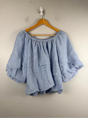 ANTHROPOLOGIE MAEVE SHORT PUFF SLEEVE BUBBLE TIERED BLOUSE SHIRT TOP BLUE medium thumbnail 4