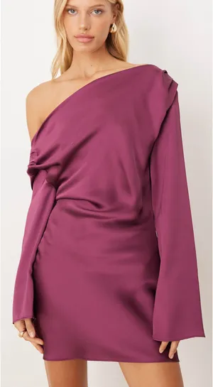ASOS Design satin drape long sleeve off the shoulder mini dress in plum thumbnail 1