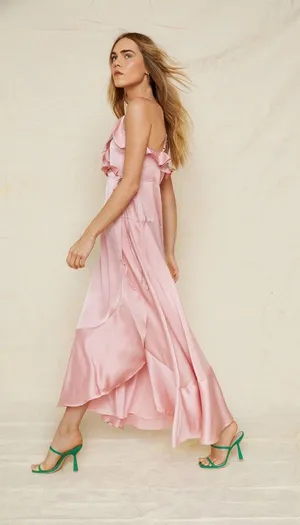Nasty Gal NWT Pink Satin Ruffle Detail Strappy Wrap Maxi Dress thumbnail 3