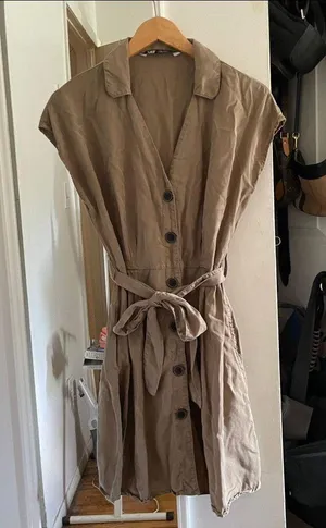 ZARA Olive Army Green Tie Waist Collared Button Up Mini Dress thumbnail 1