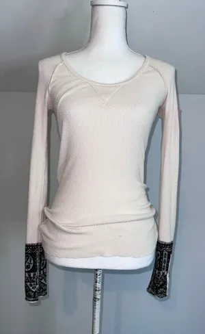 Free People Cream Long Sleeve Thermal Top with Patches XS-S thumbnail 1
