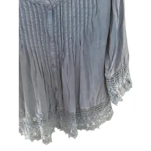 American Eagle Blue Pintuck Lace Trim Boho Peasant Blouse Large thumbnail 3