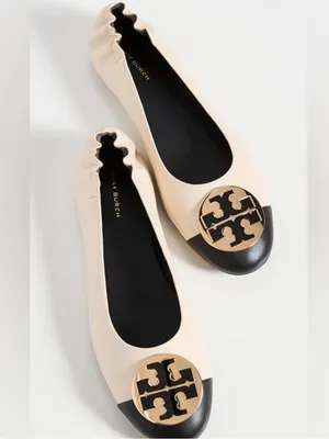 Tory Burch Claire Cap Top Leather Ballet Flats in New Cream/Black Size 9 Neutral thumbnail 2