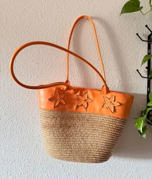 Bath & Body Works orange leather and straw tote with star appliqués thumbnail 1