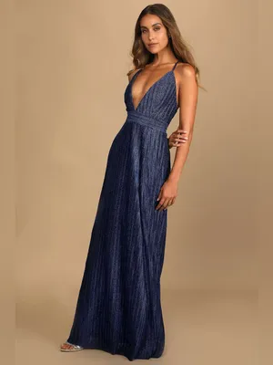 Luxxel Lulus Magical Looks Sparkly Maxi Dress Navy Blue Deep V-Neck Metallic Gown NWT S thumbnail 4