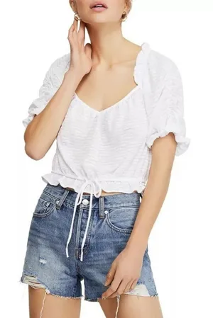 Free People Shirt Women Medium‎ White Dorothy Puff Sleeve Cropped Top Boho thumbnail 1