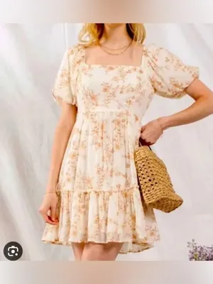 Blu Pepper Floral Puff Sleeve Mini Dress, White/Brown, Size Medium thumbnail 2