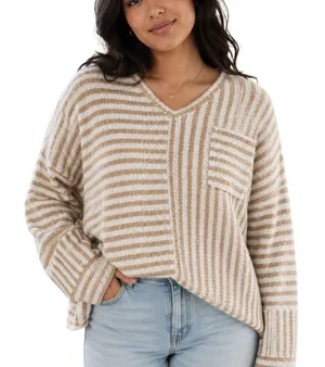 Pink Lily Tan White Striped Oversized Sweater Medium Boxy Coastal Grandmother thumbnail 1
