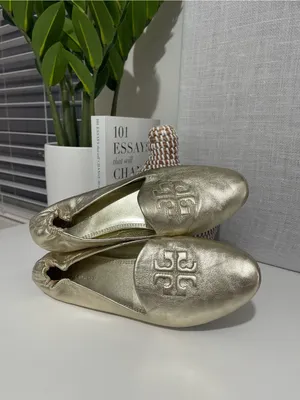 TORY BURCH gold smoking loafers metallic leather loafer shoes work career logo 7 thumbnail 4