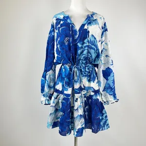 NWOT Cotton Blue Floral V Neck Mini Dress Size L thumbnail 2
