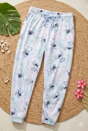 DISNEY Stitch All-Over Print Pastel Tropical Fleece Jogger Lounge Pants thumbnail 1
