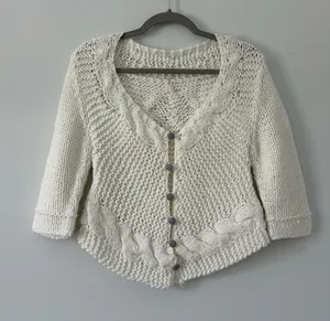 Free People Off White Cable Knit Gingham Button Down Cropped Boho Cardigan S thumbnail 1
