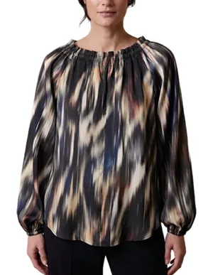 NWOT S H&M Multi-Color Women’s Smocked Neck Long Sleeve Blouse Business Casual thumbnail 3