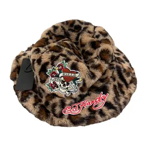 Ed Hardy NWT Leopard Bucket Hat Faux Fur Sherpa Skull Heart Embroidered Y2K OS thumbnail 6